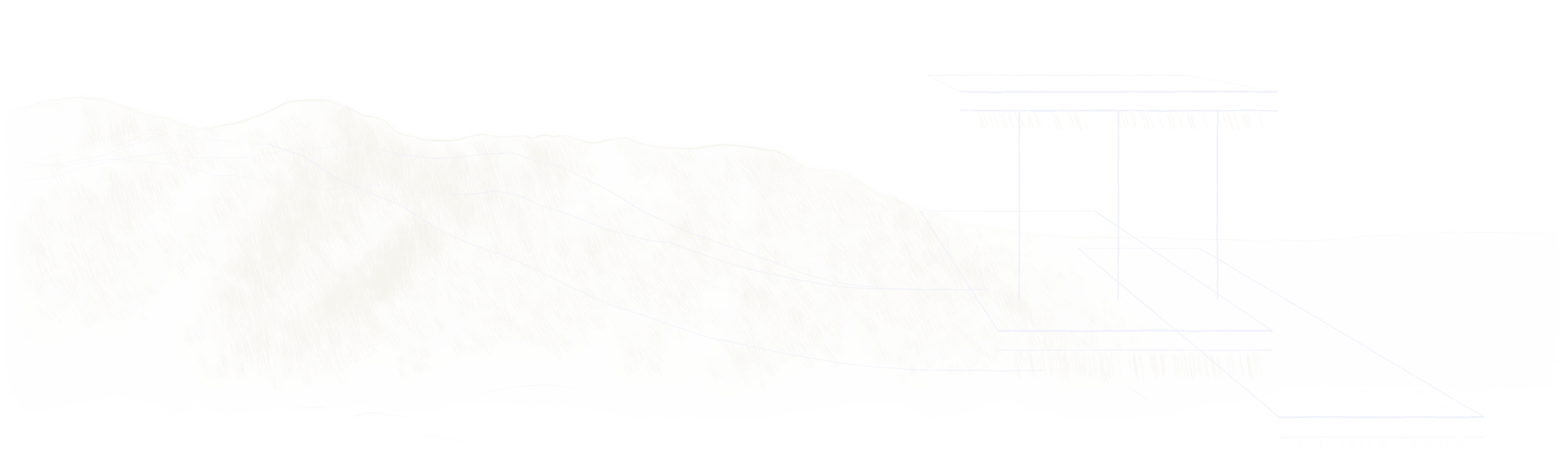 Line drawing of an escarpment resolving into floor plates and a portal frame