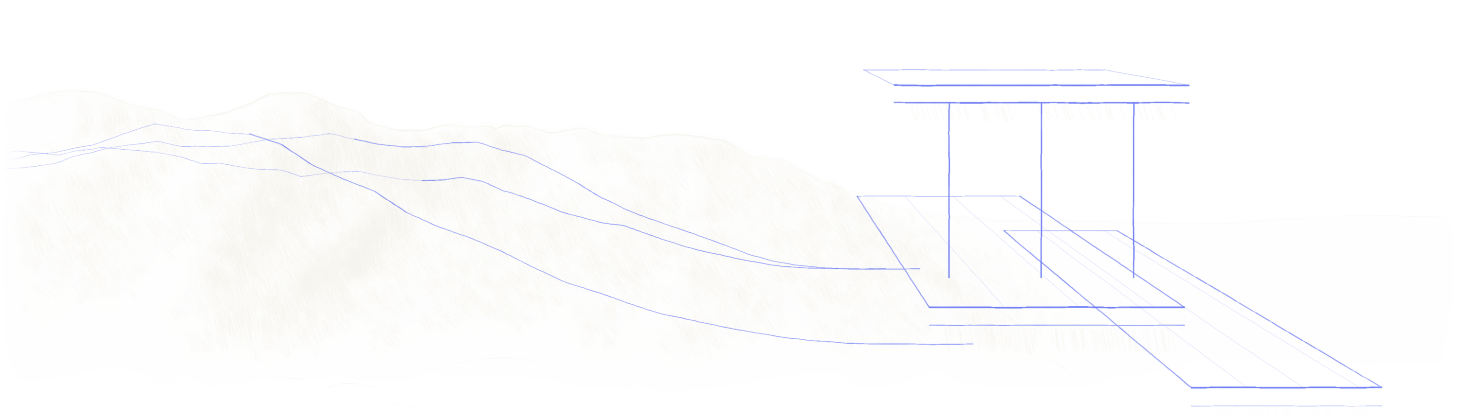 Line drawing of an escarpment resolving into floor plates and a portal frame