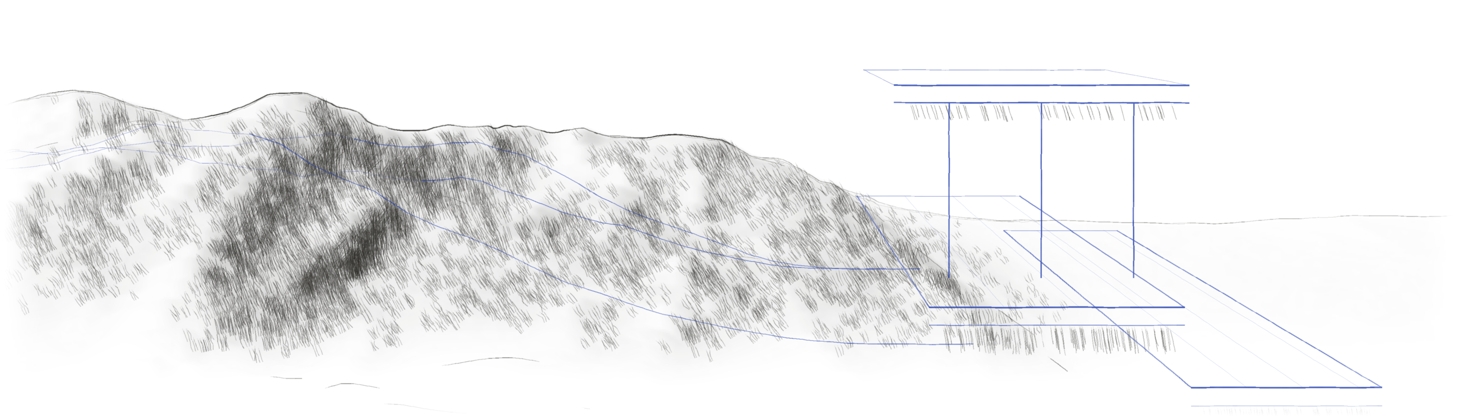 Line drawing of an escarpment resolving into floor plates and a portal frame