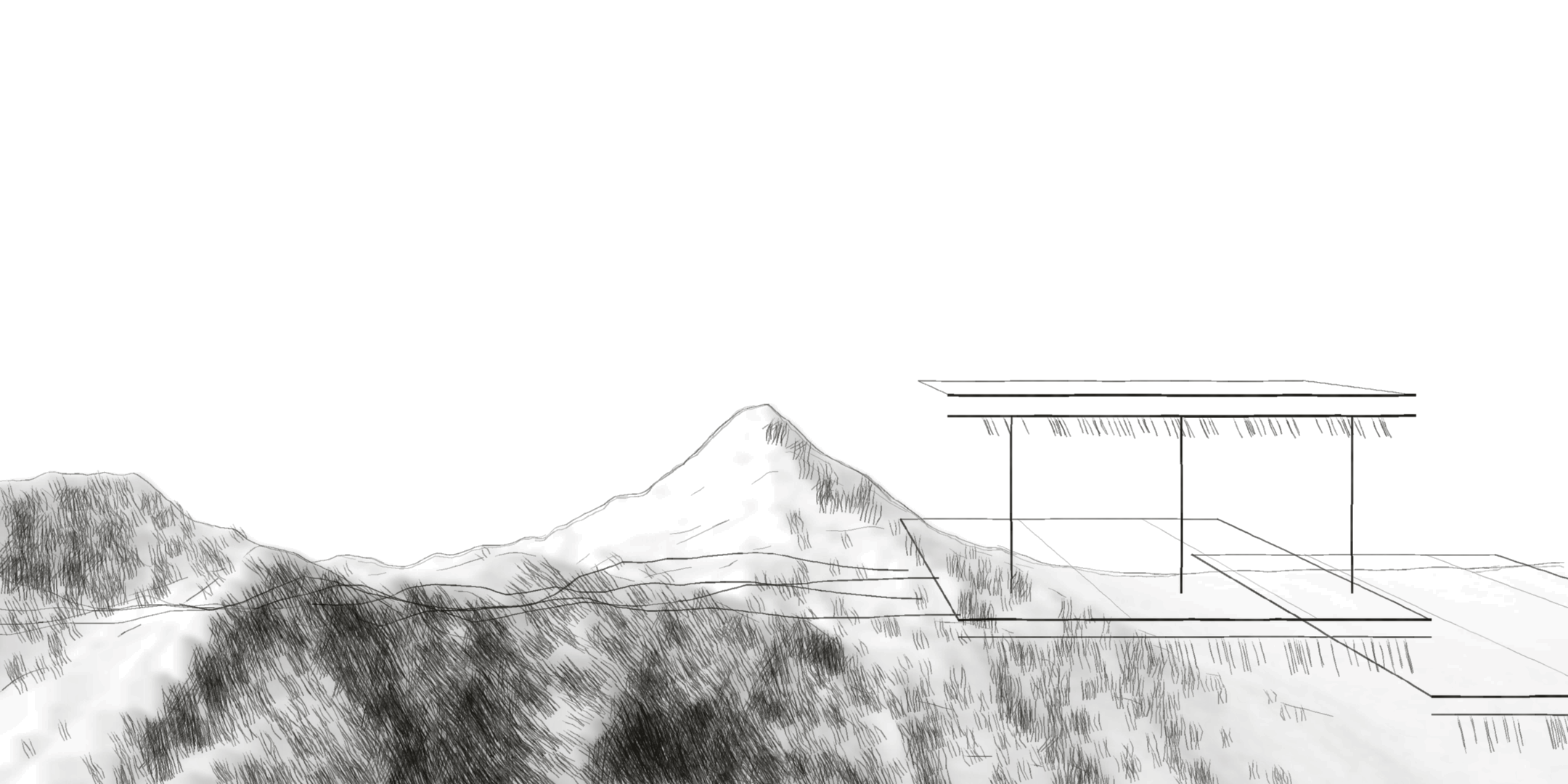 Wide graphite drawing of a ridge line resolving into terraced floor plates and a portal frame, annotated with three market pressures