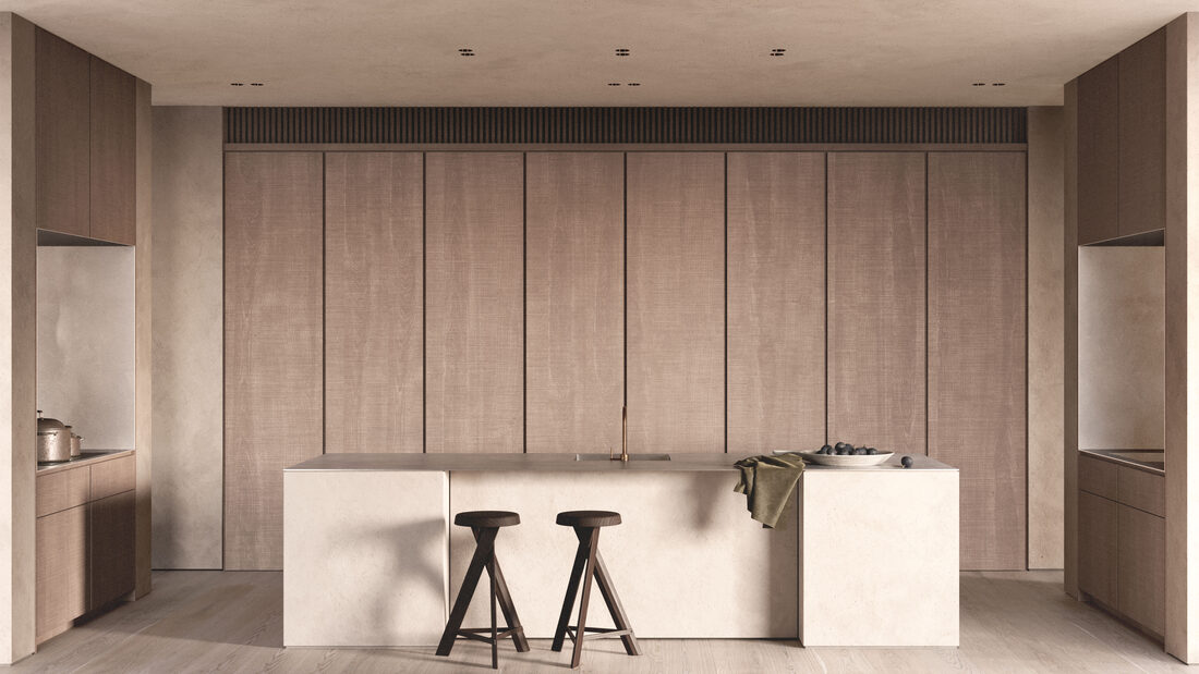 Interior render of a residence at 49 Walsh Street: a full-height timber kitchen wall behind a pale stone island and two stools.