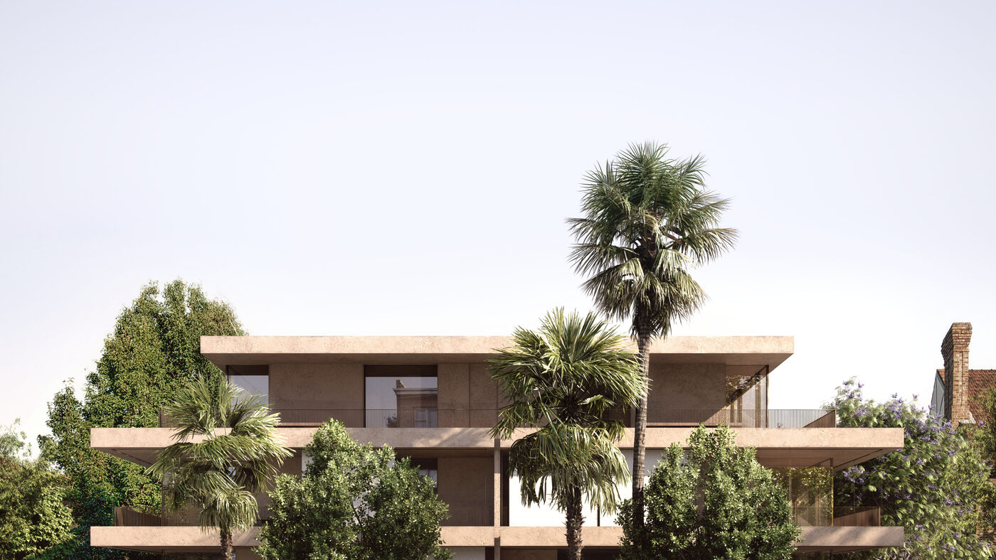 Street render of 49 Walsh Street: three levels of deep horizontal slabs in warm stone, set behind palms and dense planting.