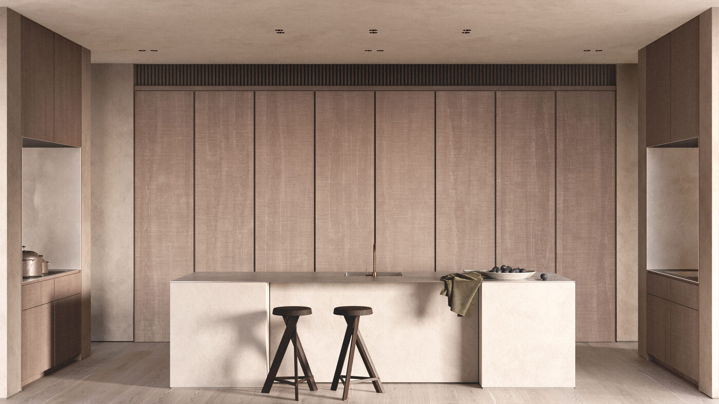 Interior render of a residence at 49 Walsh Street: a full-height timber kitchen wall behind a pale stone island and two stools.