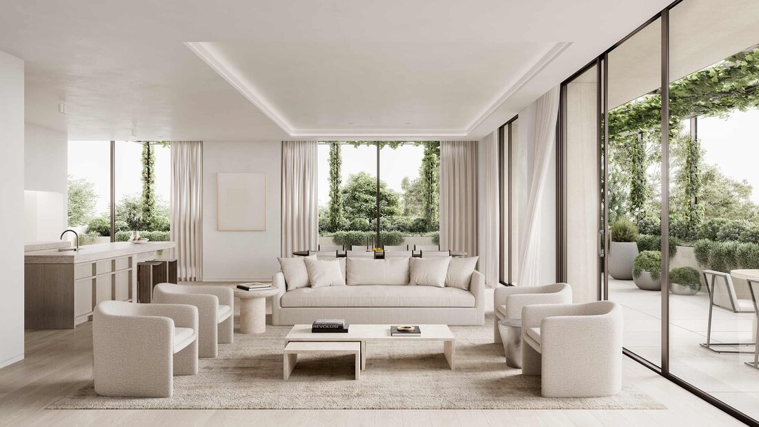 Interior render of an ADA Toorak living room in pale tones, with full-height glazing onto a planted terrace.