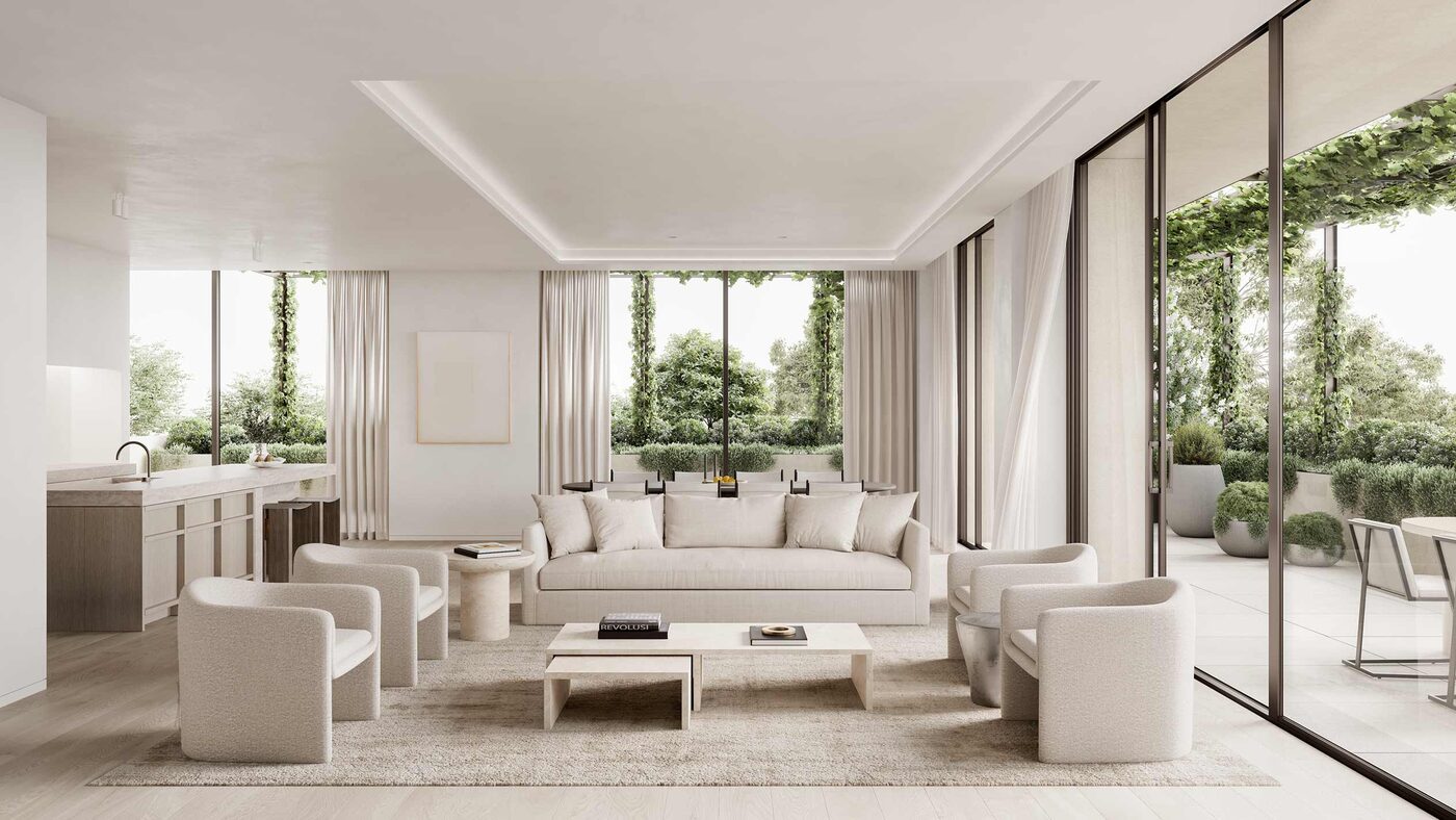 Interior render of an ADA Toorak living room in pale tones, with full-height glazing onto a planted terrace.