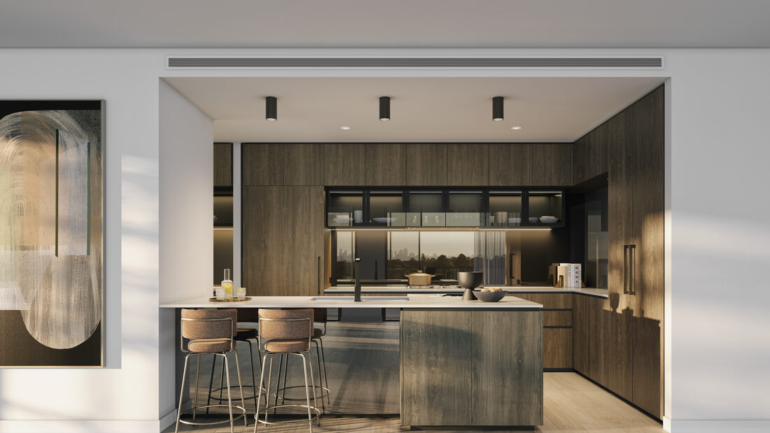 Interior render of a Loam House kitchen in dark timber and bronze, with a long island and four stools.