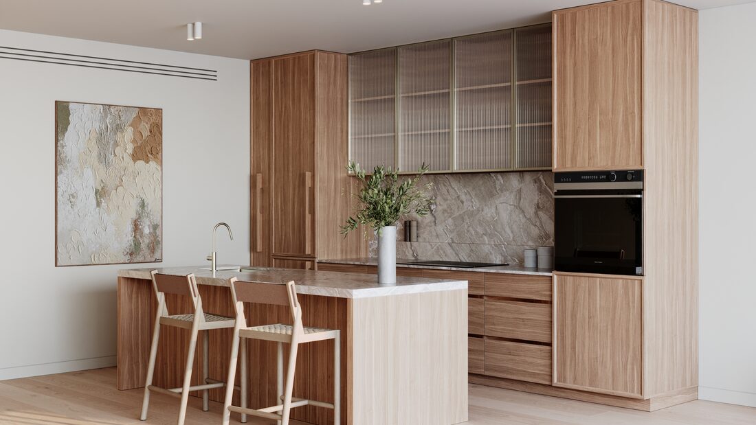 Interior render of a Milli townhome kitchen in pale timber, with a stone island, three stools and a marble splashback.