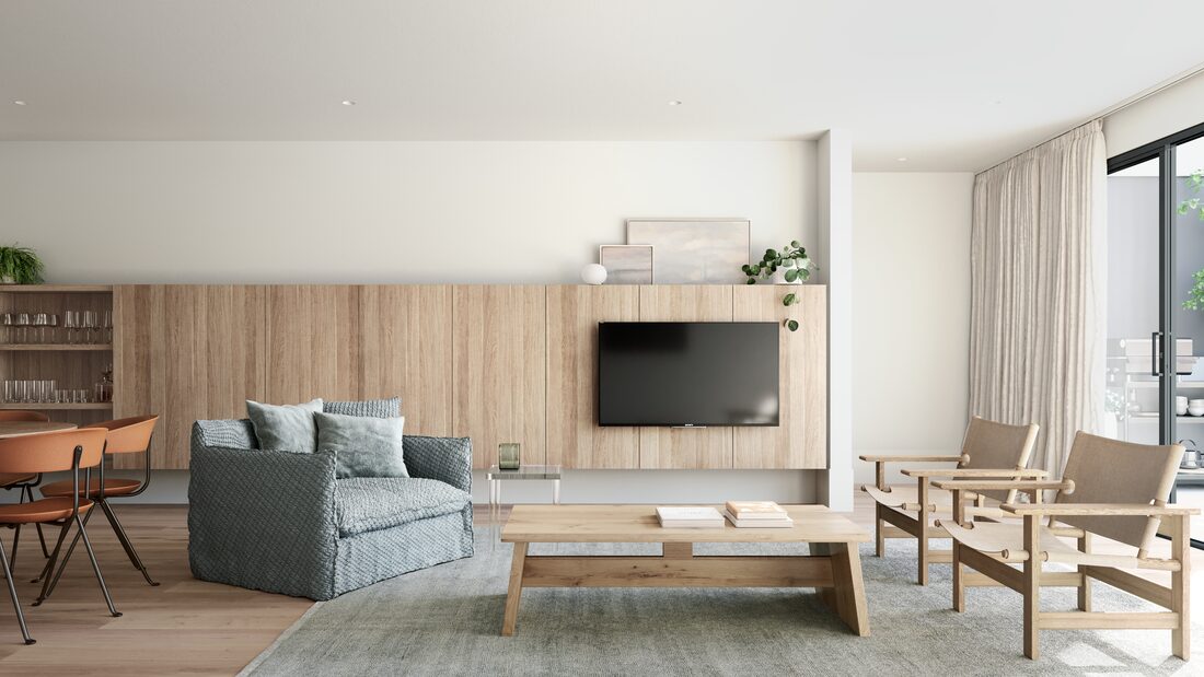 Interior render of a Port Lane living room in pale timber, with a green sofa, a low table and two armchairs at the window.