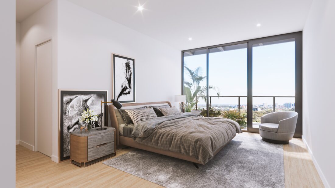 Interior render of a Selene Residences bedroom, with a city outlook through full-height glazing.
